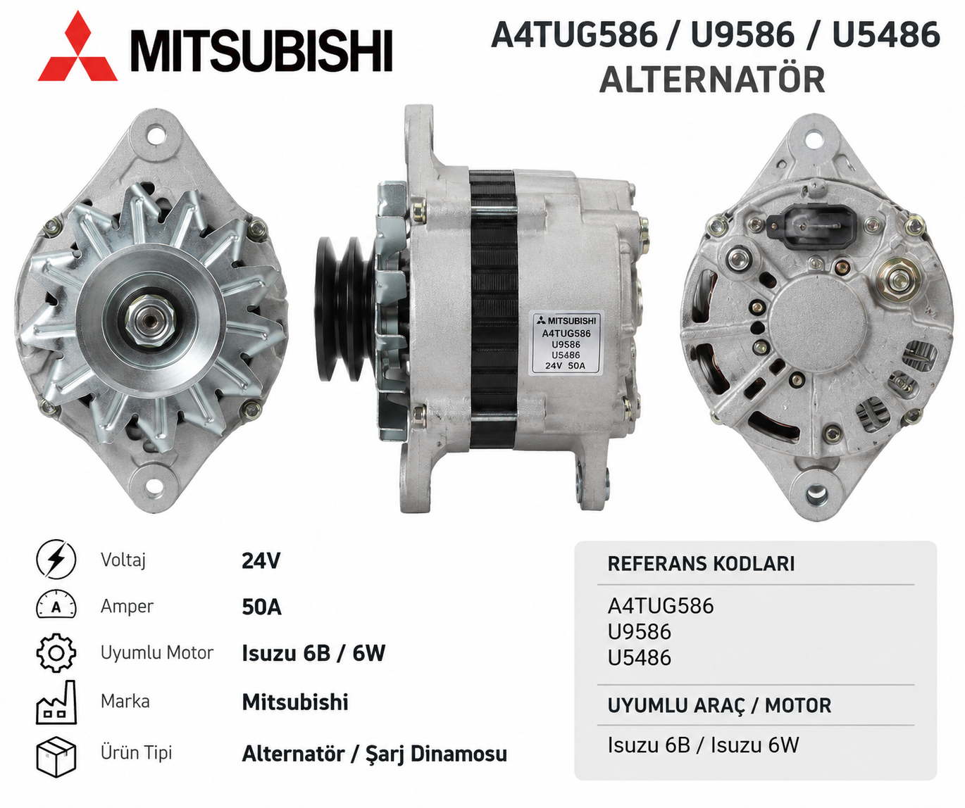 A4TUG586 /U9586 /U5486 Mitsubishi Alternatör 24V 50 Amp Isuzu 6B, 6W