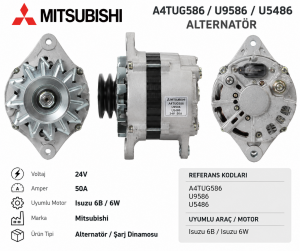 A4TUG586 /U9586 /U5486 Mitsubishi Alternatör 24V 50 Amp Isuzu 6B, 6W
