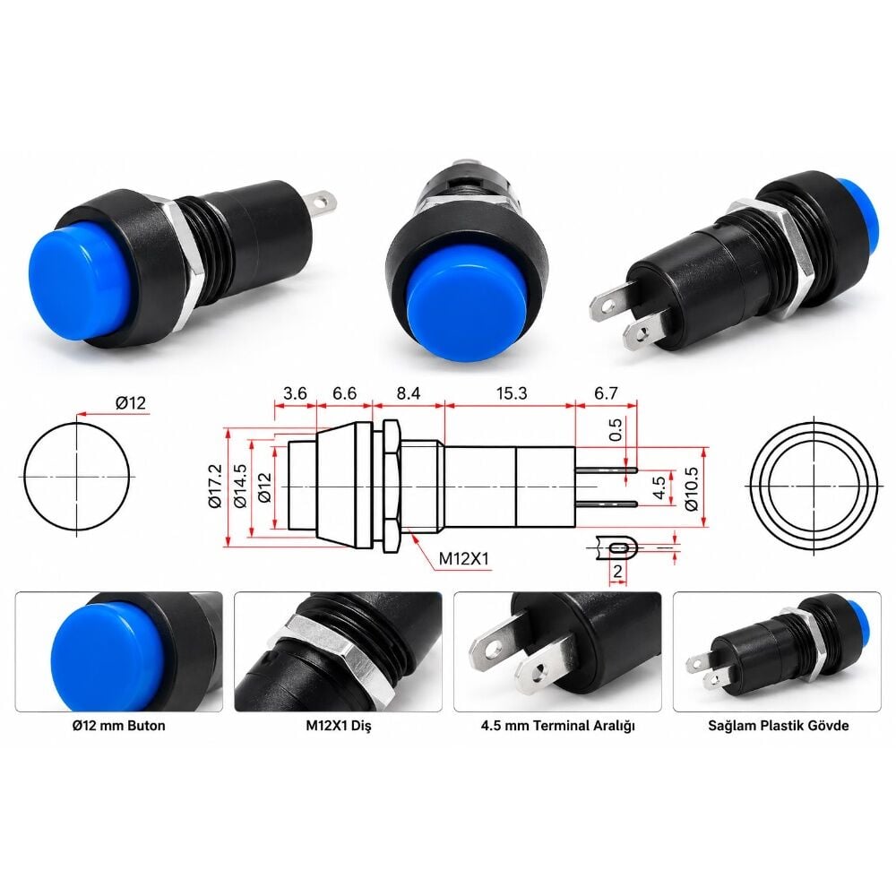 Buton Yaylı 12mm Mavi
