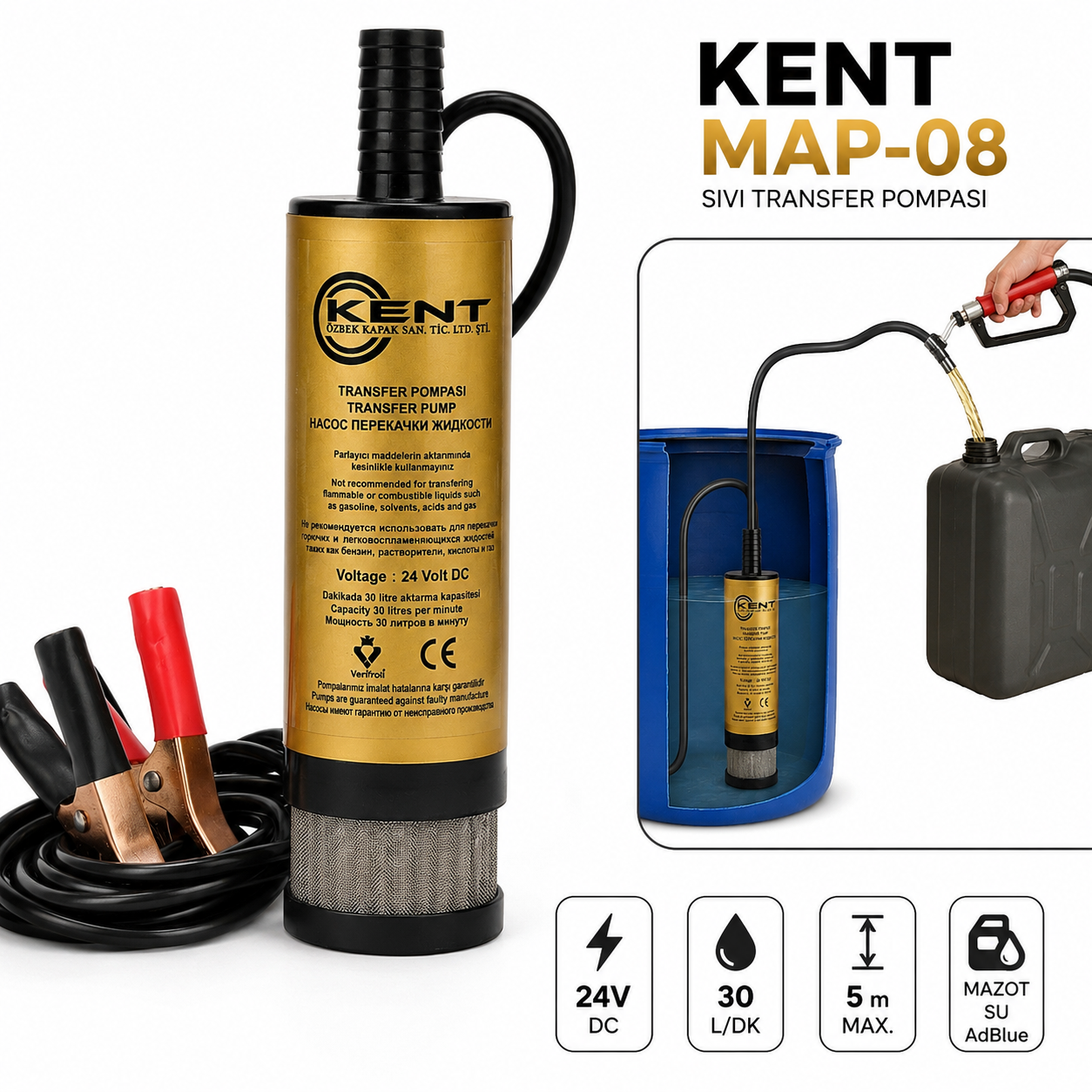 Kent 24 Volt Sıvı Transfer Pompası Mazot Pompası Büyük Süzgeçli