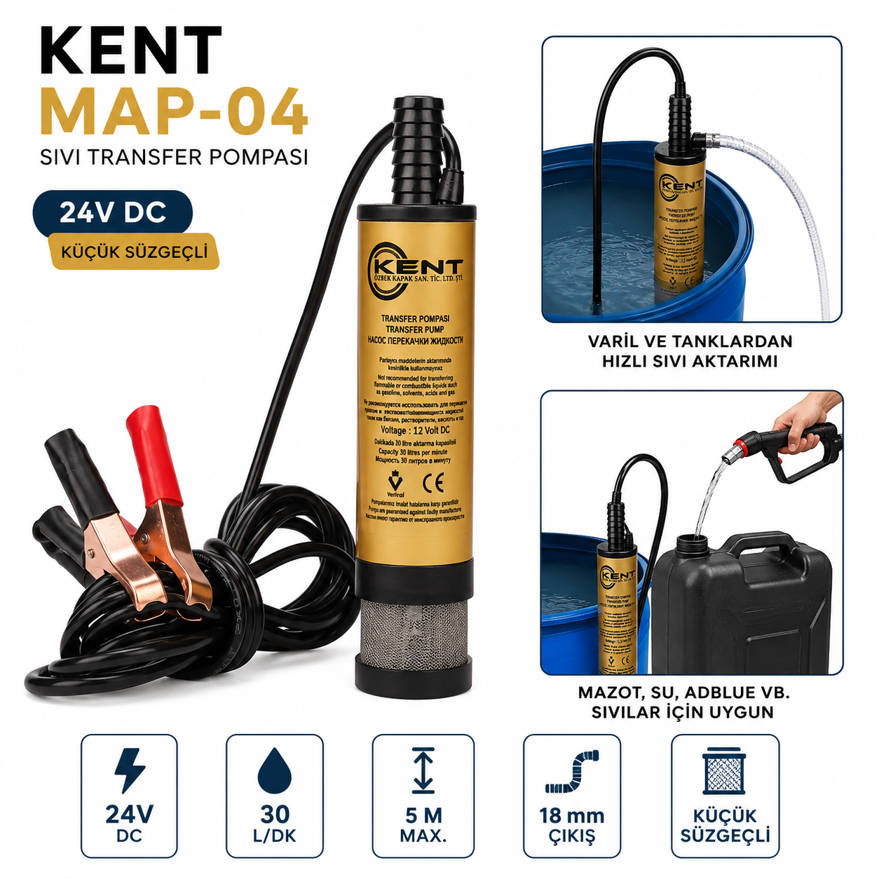 Kent 24 Volt Sıvı Transfer Pompası Mazot Pompası İnce Süzgeçli