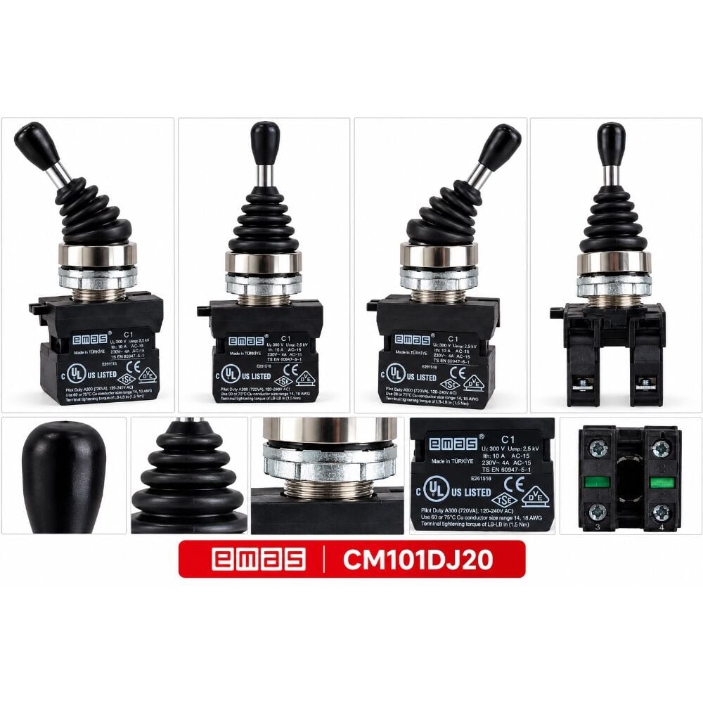 EMAS CM101DJ20 1NO+1NO Kalıcı 2 Pozisyonlu Metal Joystick Buton 22 mm