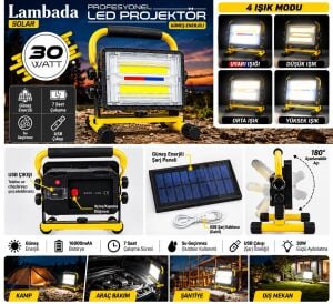 Carub 4500203 Lambada Solar 30W Güneş Enerjili LED Projektör 16000mAh Şarjlı 4 Modlu Taşınabilir Kamp ve Çalışma Lambası