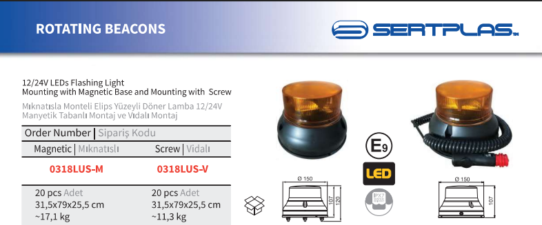 Sertplas 0318LUS-M LED İkaz Lambası 12 / 24 V Mıknatıslı Çakar Lamba
