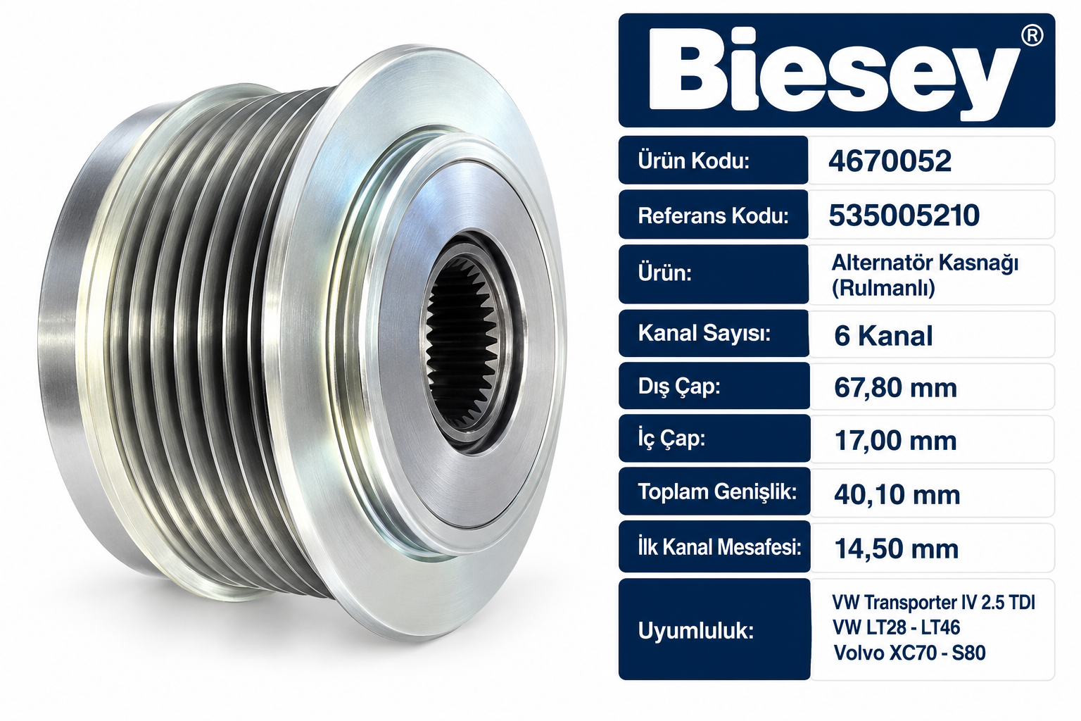 Biesey VW Transporter IV 2.5 TDI LT28 LT46 Volvo XC70 S80 Alternatör Kasnağı 535005210 4670052
