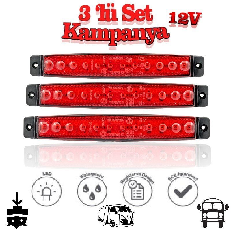 Sanel 12 Ledli 3'Lü Set Parmak Led 12V Kırmızı SBC12R12-3