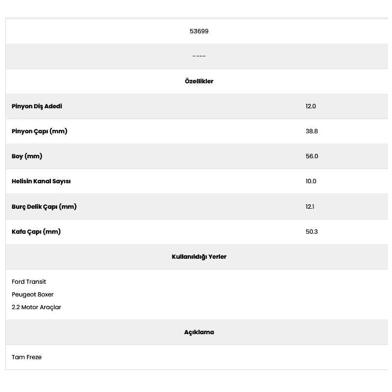 Form Metal 53699 Boxer 2.2 10 Kanal 12 Diş 10062102 Marş Dişlisi