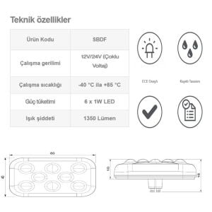 Sanel Animasyonlu 12 - 24V Universal Kare 6 Led Dış Mekan Uyumlu Kırmızı SBDF6R