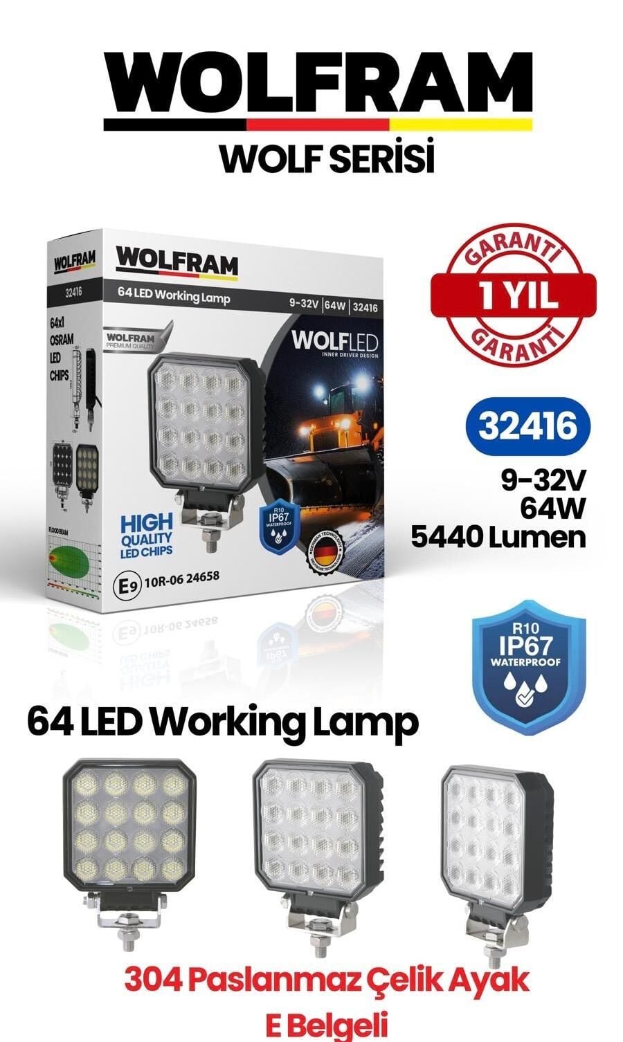 Wolfram 32416 Çalışma Lamba Kare Large 5440 64W