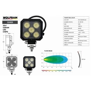 Wolfram 32405 Çalışma Lamba Kare Midi 9-32V 1700 Lümen 20W