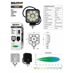 Wolfram 32409 Çalışma Lamba Kare Maxi 3060 Lümen 36W