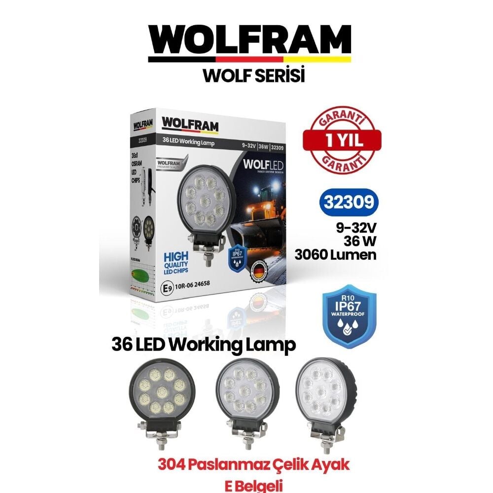 Wolfram 32309 Çalışma Lamba Wolfram Yuvarlak Maxi 3060 Lümen