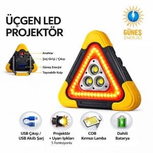 Üçgen İkaz Reflektörü Güneş Enrjili 5 Foksiyonlu