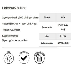 Sanel USB Şarj Düz Tip Siyah Gövde Mavi led 12V/24V SUC16B