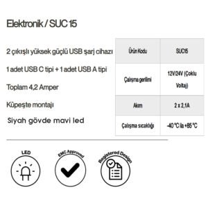 Sanel Usb Şarj Boru Tip Siyah Gövde Mavi Led 12V/24V SUC15B
