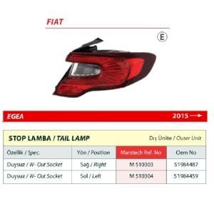 Fiat Egea Duysuz Sol Arka Stop Lambası 2015> -51984459