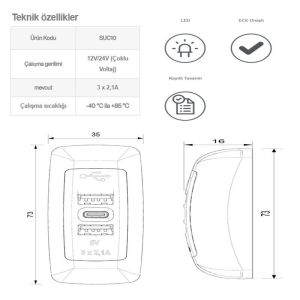 Sanel USB-C Şarj Ünitesi 12/24V 6.3A Mavi LED Düz SUC10B.DG