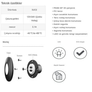 Sanel Usb Şarj Ünitesi Üniversal 12V24V 2Amp Mavi Ledli Suc2B SUC2B
