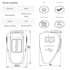 Sanel Usb Şarj Stop Butonlu Küpteşte Montajlı Çift Çıkışlı Suc3B SUC5BYR