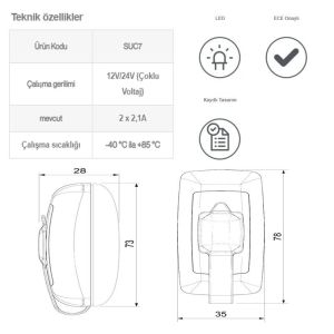 Sanel Usb Şarj Küpteşte Montajlı Çift Çıkış 12//24V 4.2A Suc7 SUC7B.DG