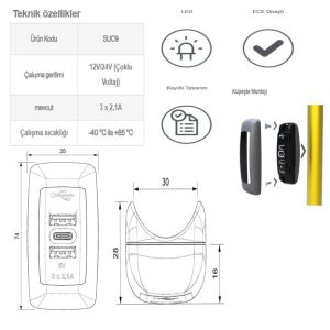 Sanel Çift USB-C Şarj Ünitesi 12/24V 6.3A SUC9B.DG